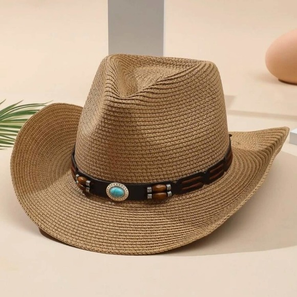 ReStyleBoutiq Accessories - NWT Western Cowboy Hat Beaded Turquoise and Brown Adjustable Size